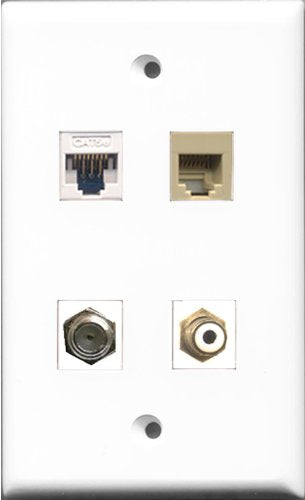 RiteAV 1 Port RCA White and 1 Port Coax Cable TV- F-Type and 1 Port Phone RJ11 RJ12 Beige and 1 Port Cat5e Ethernet White Wall Plate