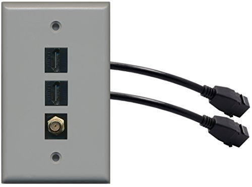 RiteAV (1 Gang Flat) 2 HDMI Black Coax Wall Plate w/Pigtail Extension Cable Gray