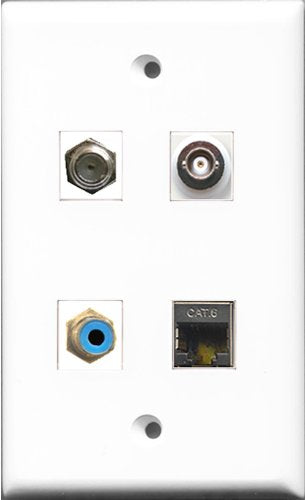 RiteAV 1 Port RCA Blue and 1 Port Coax Cable TV- F-Type and 1 Port Shielded Cat6 Ethernet and 1 Port BNC Wall Plate