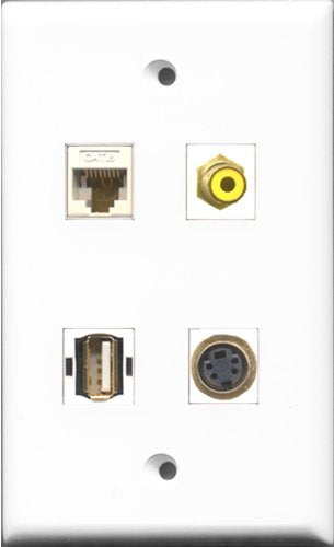 RiteAV 1 Port RCA Yellow and 1 Port USB A-A and 1 Port S-Video and 1 Port Cat6 Ethernet White Wall Plate