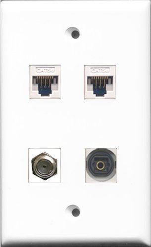 RiteAV - 1 Port Coax Cable TV- F-Type and 1 Port Toslink 2 Port Cat5e Ethernet White Wall Plate