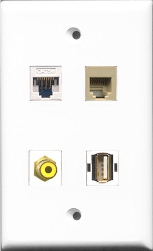 RiteAV 1 Port RCA Yellow and 1 Port USB A-A and 1 Port Phone RJ11 RJ12 Beige and 1 Port Cat5e Ethernet White Wall Plate