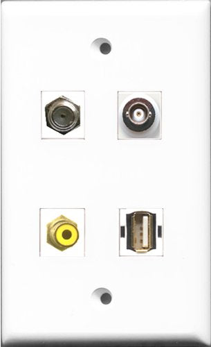 RiteAV 1 Port RCA Yellow and 1 Port Coax Cable TV- F-Type and 1 Port USB A-A and 1 Port BNC Wall Plate