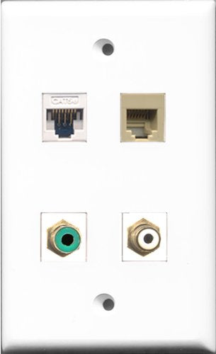 RiteAV 1 Port RCA White and 1 Port RCA Green and 1 Port Phone RJ11 RJ12 Beige and 1 Port Cat5e Ethernet White Wall Plate