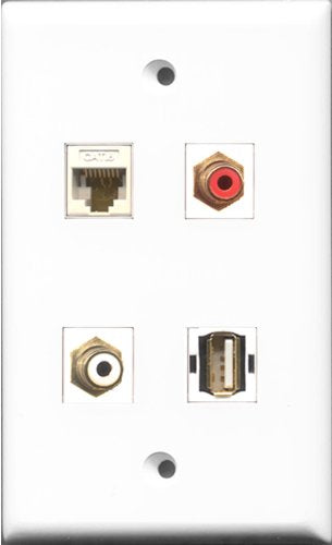 RiteAV 1 Port RCA Red and 1 Port RCA White and 1 Port USB A-A and 1 Port Cat6 Ethernet White Wall Plate