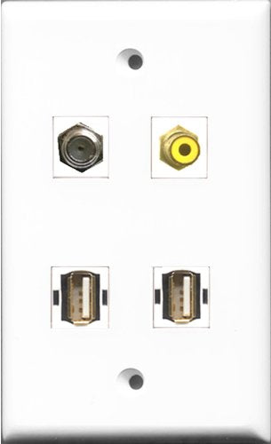 RiteAV 1 Port RCA Yellow and 1 Port Coax Cable TV- F-Type 2 Port USB A-A Wall Plate