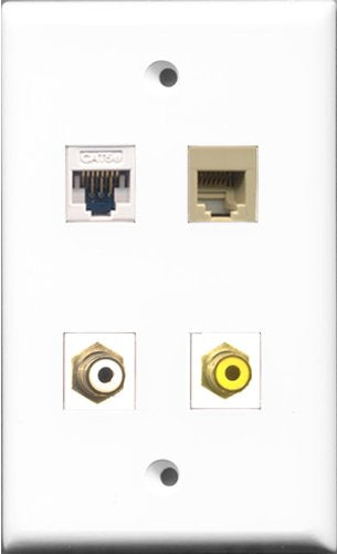 RiteAV 1 Port RCA White and 1 Port RCA Yellow and 1 Port Phone RJ11 RJ12 Beige and 1 Port Cat5e Ethernet White Wall Plate