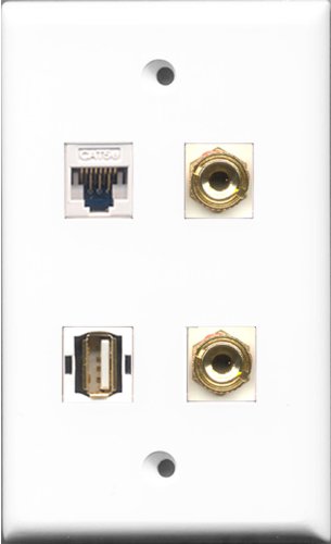 RiteAV - 1 Port USB A-A and 1 Port Cat5e Ethernet White 2 Port Banana Speaker Wall Plate