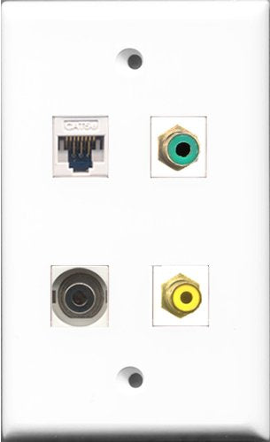 RiteAV 1 Port RCA Yellow and 1 Port RCA Green and 1 Port 3.5mm and 1 Port Cat5e Ethernet White Wall Plate