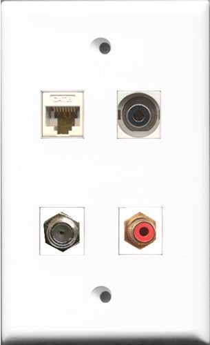 RiteAV 1 Port RCA Red and 1 Port Coax Cable TV- F-Type and 1 Port 3.5mm and 1 Port Cat6 Ethernet White Wall Plate