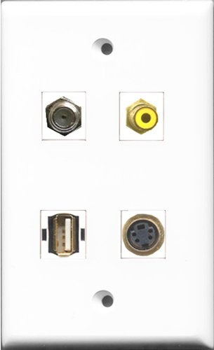 RiteAV 1 Port RCA Yellow and 1 Port Coax Cable TV- F-Type and 1 Port USB A-A and 1 Port S-Video Wall Plate