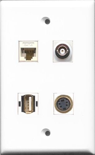 RiteAV 1 Port USB A-A and 1 Port S-Video and 1 Port BNC and 1 Port Cat6 Ethernet White Wall Plate