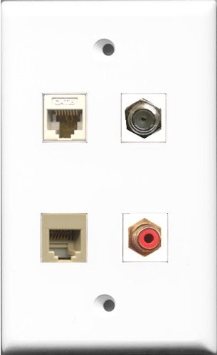 RiteAV 1 Port RCA Red and 1 Port Coax Cable TV- F-Type and 1 Port Phone RJ11 RJ12 Beige and 1 Port Cat6 Ethernet White Wall Plate