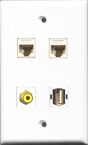 RiteAV 1 Port RCA Yellow and 1 Port USB A-A 2 Port Cat6 Ethernet White Wall Plate