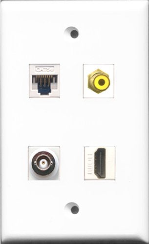 RiteAV 1 Port HDMI and 1 Port RCA Yellow and 1 Port BNC and 1 Port Cat5e Ethernet White Wall Plate