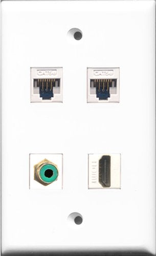 RiteAV - 1 Port HDMI and 1 Port RCA Green 2 Port Cat5e Ethernet White Wall Plate