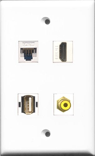 RiteAV 1 Port HDMI and 1 Port RCA Yellow and 1 Port USB A-A and 1 Port Cat5e Ethernet White Wall Plate