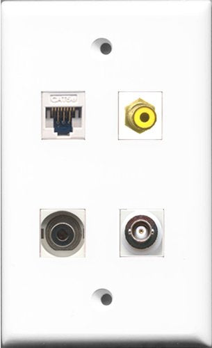 RiteAV 1 Port RCA Yellow and 1 Port 3.5mm and 1 Port BNC and 1 Port Cat5e Ethernet White Wall Plate