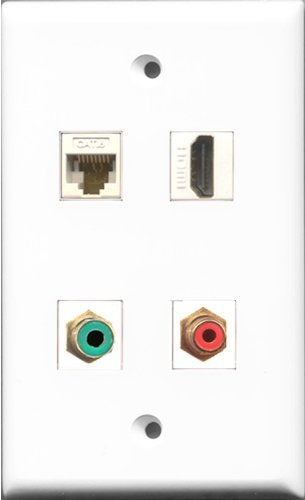 RiteAV 1 Port HDMI and 1 Port RCA Red and 1 Port RCA Green and 1 Port Cat6 Ethernet White Wall Plate