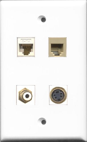 RiteAV 1 Port RCA White and 1 Port Phone RJ11 RJ12 Beige and 1 Port S-Video and 1 Port Cat6 Ethernet White Wall Plate