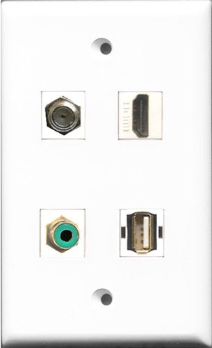 RiteAV 1 Port HDMI and 1 Port RCA Green and 1 Port Coax Cable TV- F-Type and 1 Port USB A-A Wall Plate