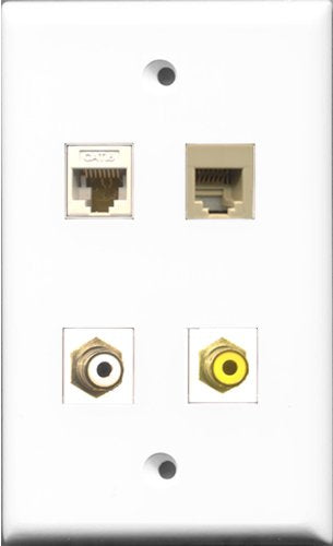 RiteAV 1 Port RCA White and 1 Port RCA Yellow and 1 Port Phone RJ11 RJ12 Beige and 1 Port Cat6 Ethernet White Wall Plate