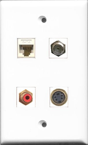 RiteAV 1 Port RCA Red and 1 Port Coax Cable TV- F-Type and 1 Port S-Video and 1 Port Cat6 Ethernet White Wall Plate