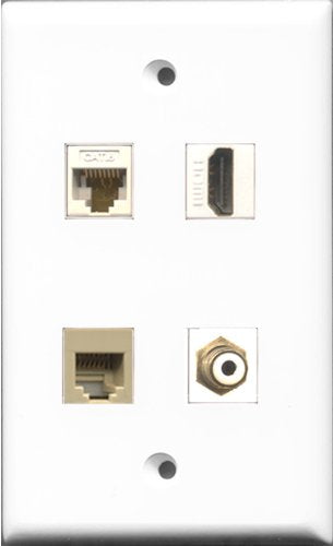 RiteAV 1 Port HDMI and 1 Port RCA White and 1 Port Phone RJ11 RJ12 Beige and 1 Port Cat6 Ethernet White Wall Plate