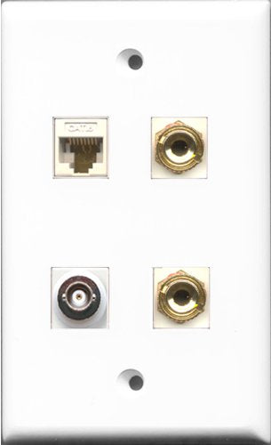 RiteAV 1 Port BNC and 1 Port Cat6 Ethernet White 2 Port Banana Speaker Wall Plate