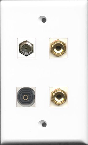 RiteAV 1 Port Coax Cable TV- F-Type and 1 Port Toslink 2 Port Banana Speaker Wall Plate