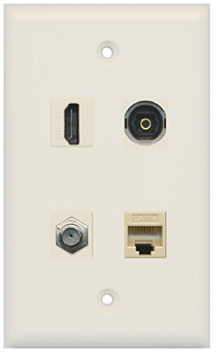 RiteAV - 1 Port HDMI 1 Port Coax Cable TV- F-Type 1 Port Toslink 1 Port Cat5e Ethernet Wall Plate - Light Almond