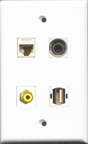 RiteAV 1 Port RCA Yellow and 1 Port USB A-A and 1 Port 3.5mm and 1 Port Cat6 Ethernet White Wall Plate