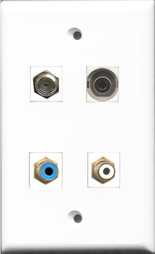 RiteAV 1 Port RCA White and 1 Port RCA Blue and 1 Port Coax Cable TV- F-Type and 1 Port 3.5mm Wall Plate