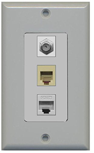 RiteAV - 1 Port Coax Cable TV- F-Type Phone RJ11 RJ12 and 1 Port Cat5e Ethernet Decorative Wall Plate - Gray - Bracket Included