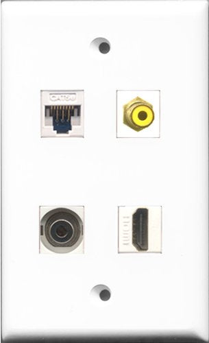 RiteAV 1 Port HDMI and 1 Port RCA Yellow and 1 Port 3.5mm and 1 Port Cat5e Ethernet White Wall Plate