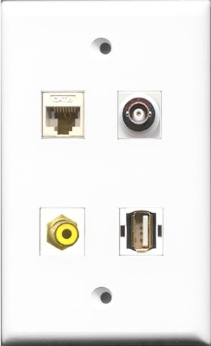 RiteAV 1 Port RCA Yellow and 1 Port USB A-A and 1 Port BNC and 1 Port Cat6 Ethernet White Wall Plate