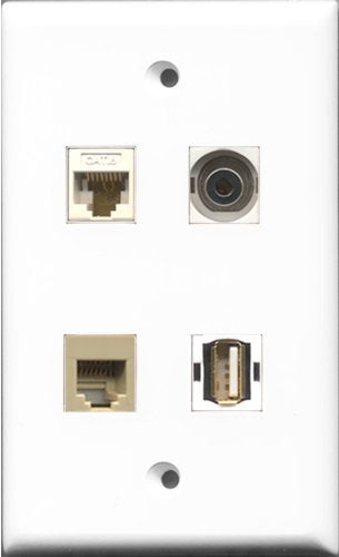 RiteAV 1 Port USB A-A and 1 Port Phone RJ11 RJ12 Beige and 1 Port 3.5mm and 1 Port Cat6 Ethernet White Wall Plate