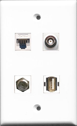 RiteAV - 1 Port Coax Cable TV- F-Type and 1 Port USB A-A and 1 Port BNC and 1 Port Cat5e Ethernet White Wall Plate