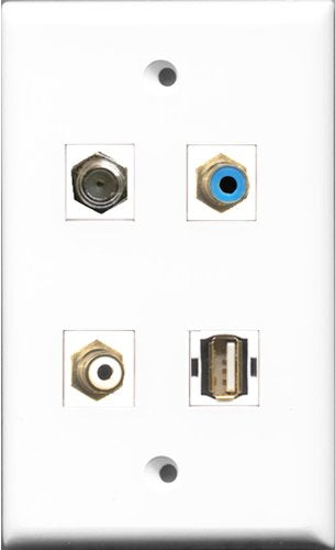 RiteAV 1 Port RCA White and 1 Port RCA Blue and 1 Port Coax Cable TV- F-Type and 1 Port USB A-A Wall Plate