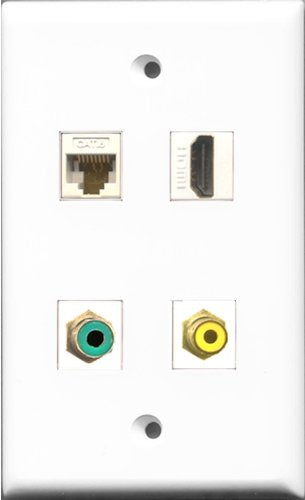 RiteAV 1 Port HDMI and 1 Port RCA Yellow and 1 Port RCA Green and 1 Port Cat6 Ethernet White Wall Plate