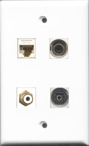 RiteAV 1 Port RCA White and 1 Port Toslink and 1 Port 3.5mm and 1 Port Cat6 Ethernet White Wall Plate