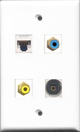 RiteAV 1 Port RCA Yellow and 1 Port RCA Blue and 1 Port Toslink and 1 Port Cat5e Ethernet White Wall Plate