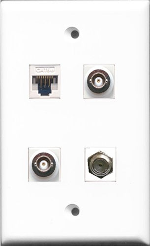 RiteAV - 1 Port Coax Cable TV- F-Type 2 Port BNC and 1 Port Cat5e Ethernet White Wall Plate