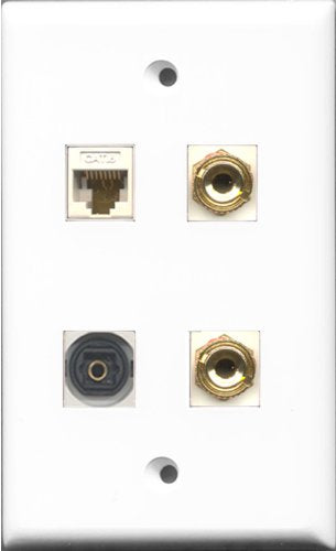 RiteAV 1 Port Toslink and 1 Port Cat6 Ethernet White 2 Port Banana Speaker Wall Plate