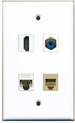 RiteAV - 1 Port HDMI 1 Port RCA Blue 1 Port Phone RJ11 RJ12 Beige 1 Port Cat5e Ethernet White Wall Plate