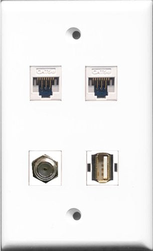 RiteAV - 1 Port Coax Cable TV- F-Type and 1 Port USB A-A 2 Port Cat5e Ethernet White Wall Plate