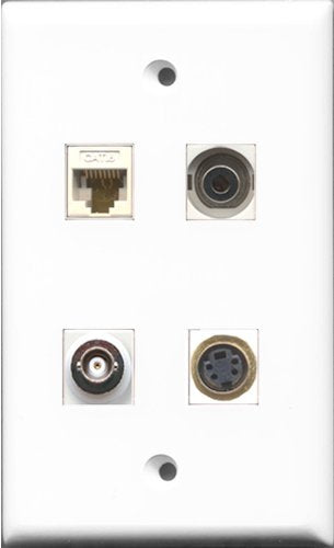 RiteAV 1 Port S-Video and 1 Port 3.5mm and 1 Port BNC and 1 Port Cat6 Ethernet White Wall Plate