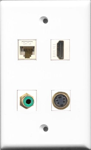 RiteAV 1 Port HDMI and 1 Port RCA Green and 1 Port S-Video and 1 Port Cat6 Ethernet White Wall Plate