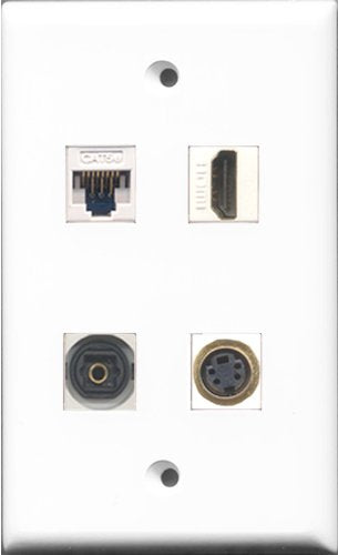 RiteAV 1 Port HDMI and 1 Port S-Video and 1 Port Toslink and 1 Port Cat5e Ethernet White Wall Plate