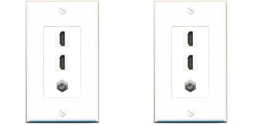 RiteAV - 2 HDMI and 1 Coax Cable TV F Type Port Wall Plate White Decorative (2 Pack)